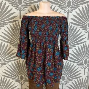 Milkmaid Peasant Top Floral Smocked Off Shoulder Burgundy Cottagecore Size M
